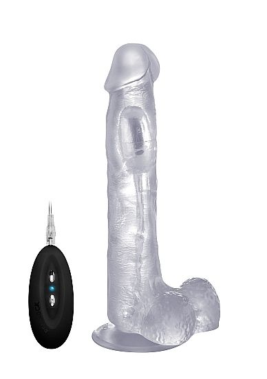 Vibrating Realistic Cock - 10 Inch - With Scrotum - Transparent